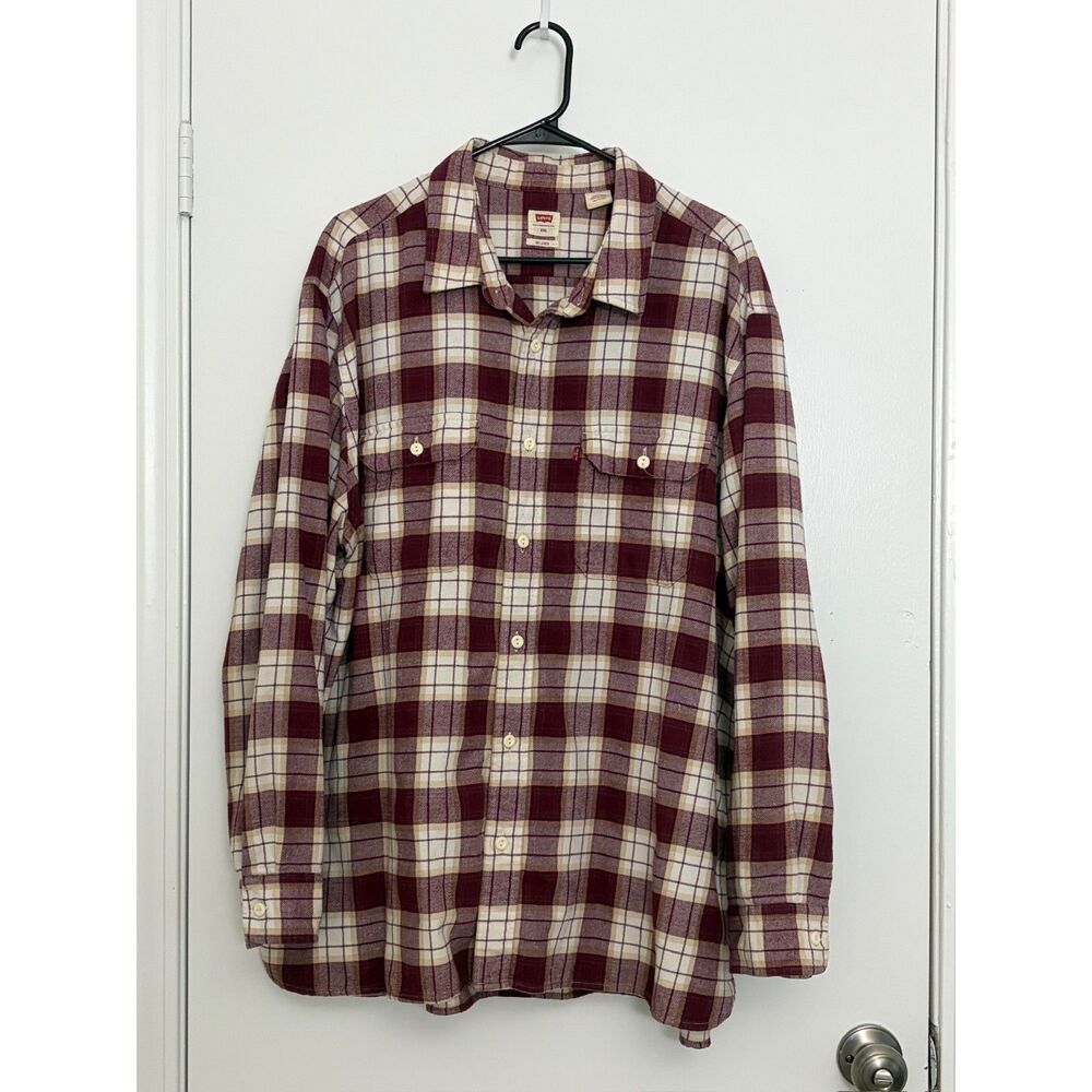 Levi's Mens Burgundy Cream Plaid Long Sleeve Flannel Shirt